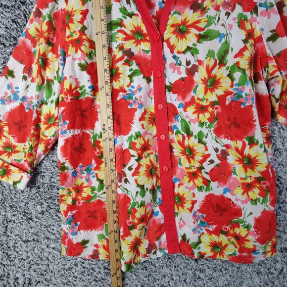 Saint Tropez West Floral Tropical Button Top Red Yellow Women 2X Hawaii Coastal - Picture 6 of 9